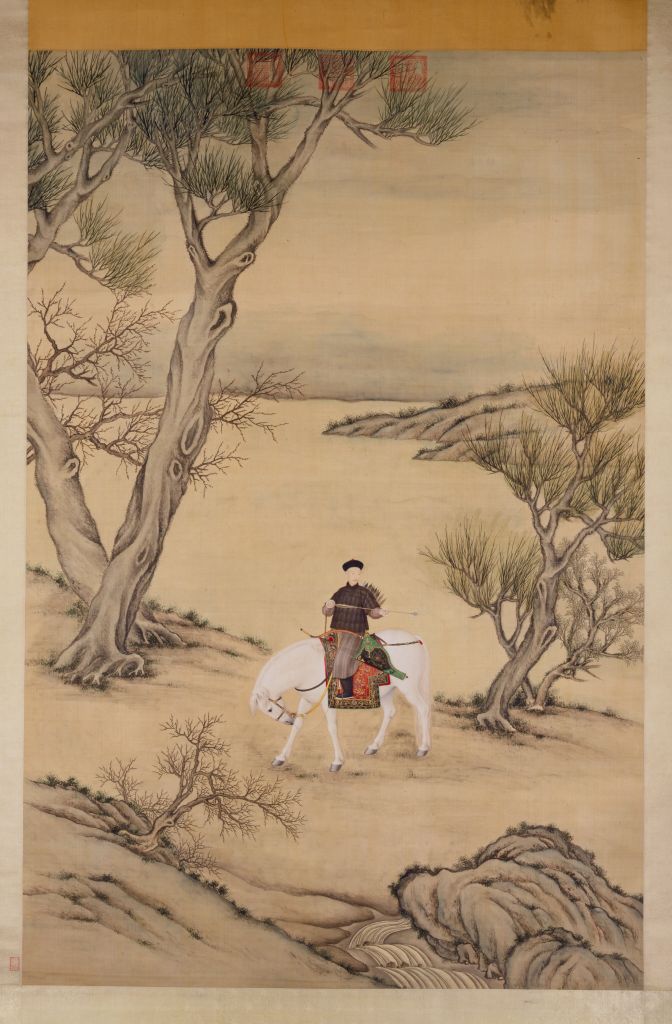 瓏】「郎世寧作 雍正皇帝畫像対聯」清代画家 肉筆絹本 真作 掛け軸